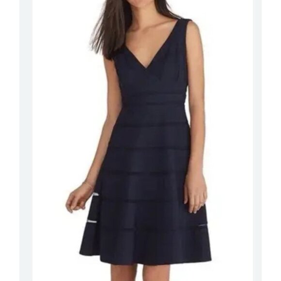 WHBM Dress 14 Black A Line V Front Back Sleeveless Stretch Mesh Trim - Picture 2 of 15